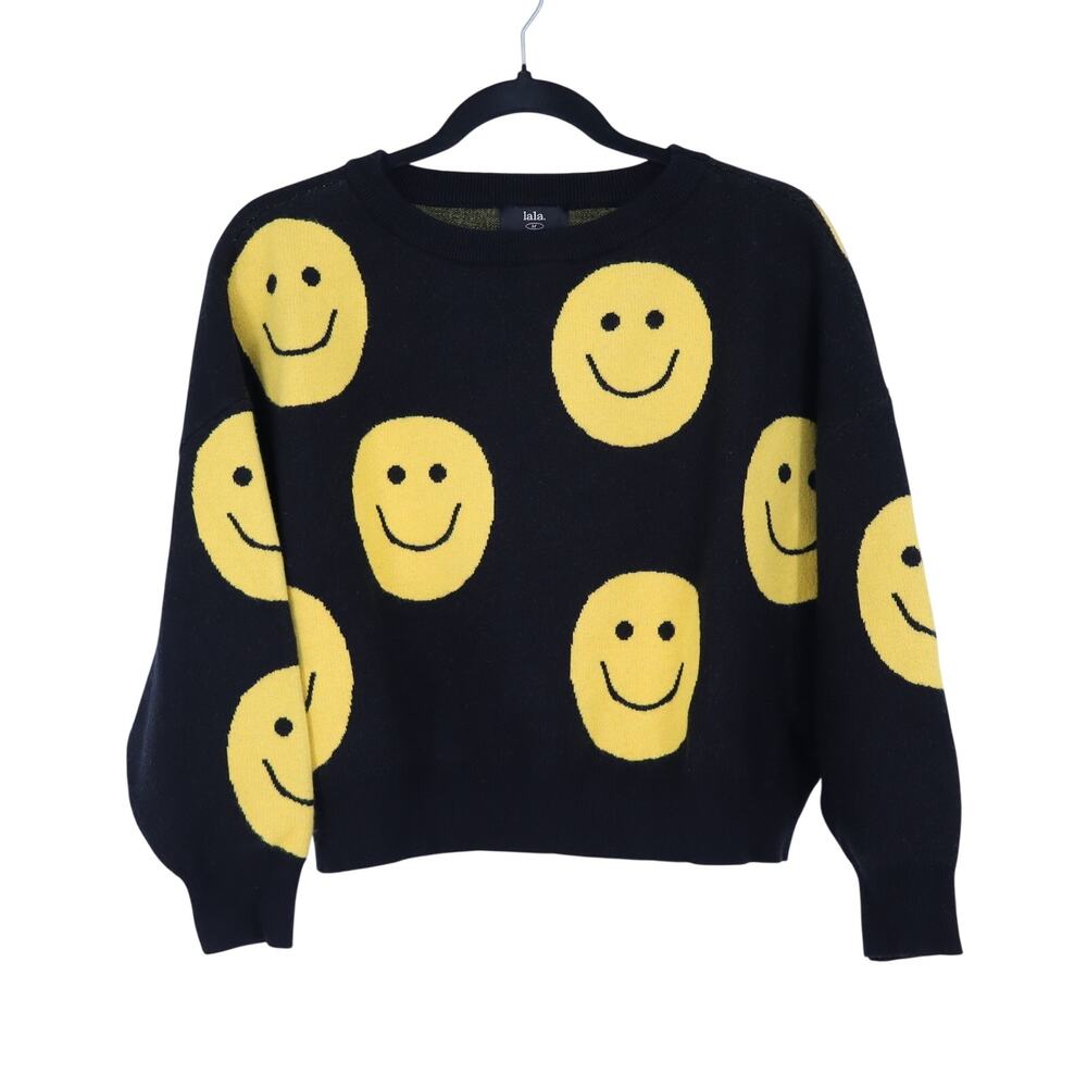Dressed in Lala The Most Fun Knit Sweater Black Cropped Yellow Smiley Women's M